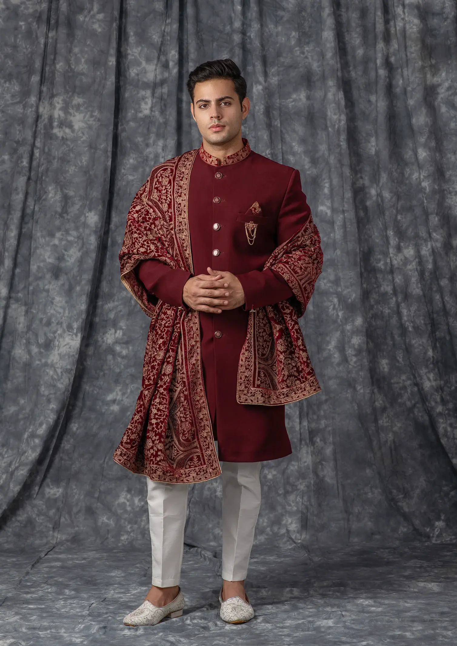 Achkan Designer Shawl For Sherwani Buy Warm White Petal Patterned